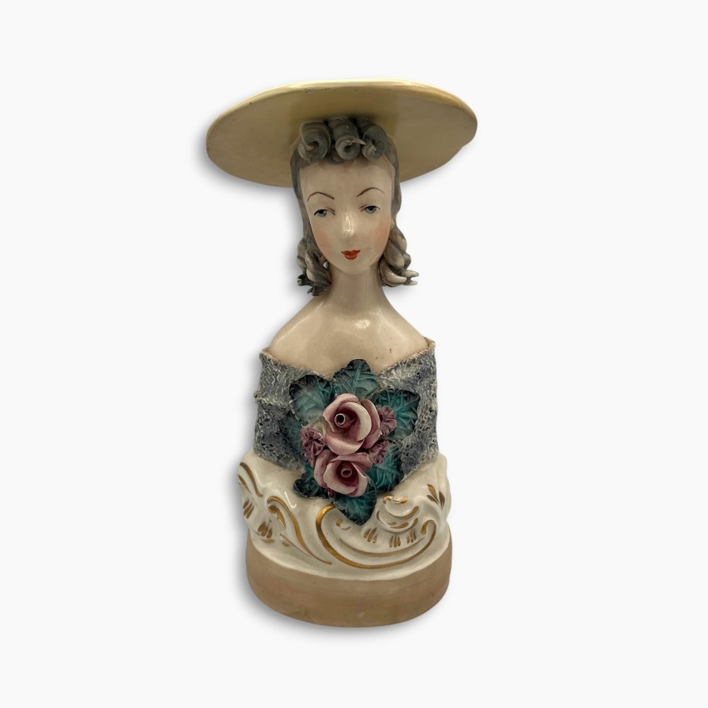 Vintage Ceramic Lady Head Bust Figurine Sun Hat Pink Roses Gold Accents 7.25in
